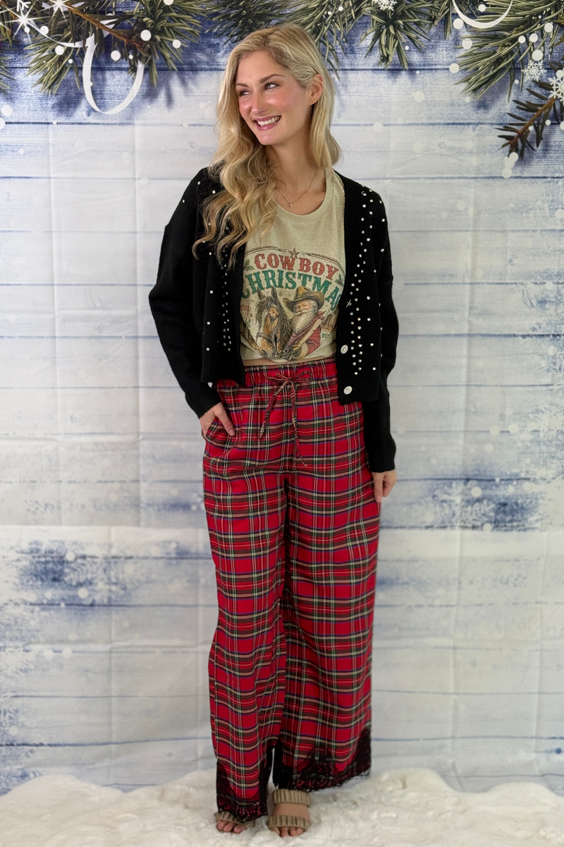 Red tartan plaid holiday pants for women
Christmas plaid elastic waist wide leg pants