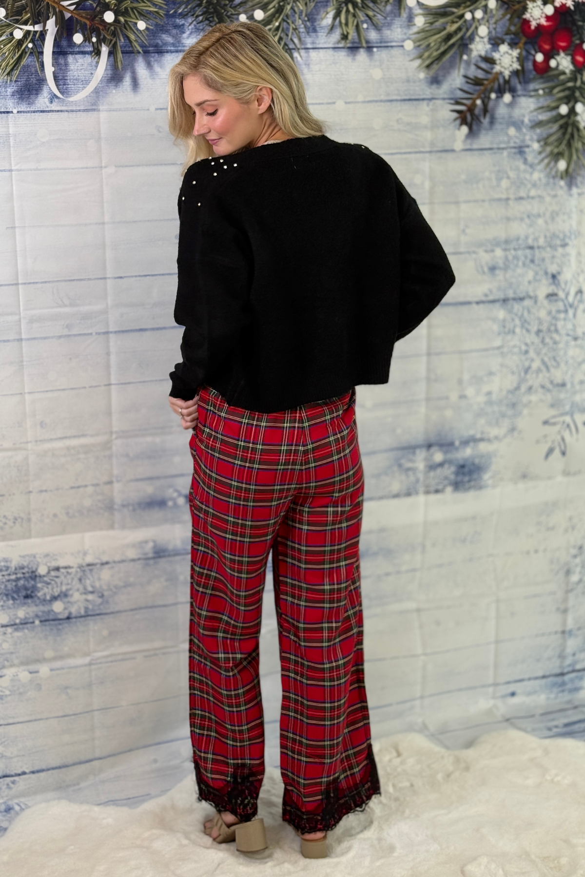 Lace trim Christmas pants for women