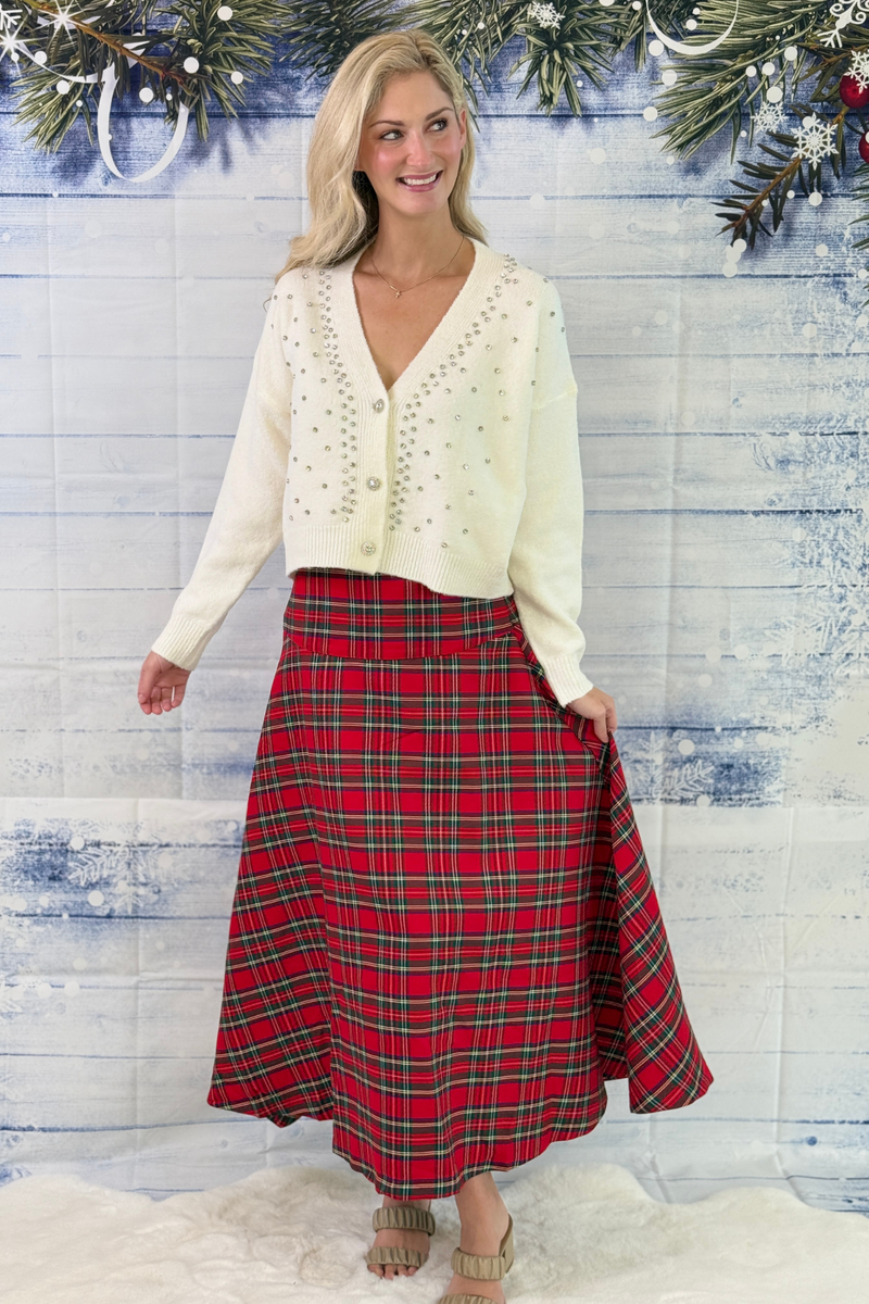 Red plaid Christmas skirt with wide waistband