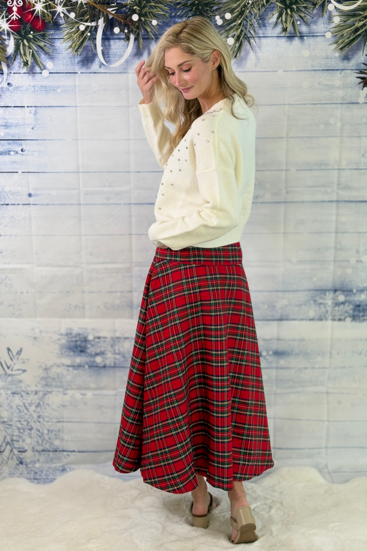 Holiday plaid midi skirt for Christmas outfits