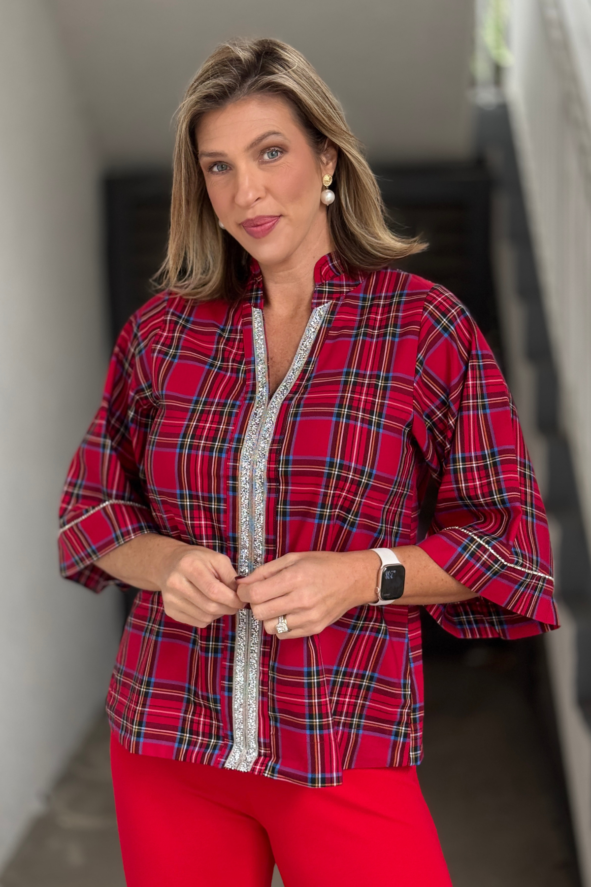 Red holiday plaid rhinestone ruffle neck blouse for women
