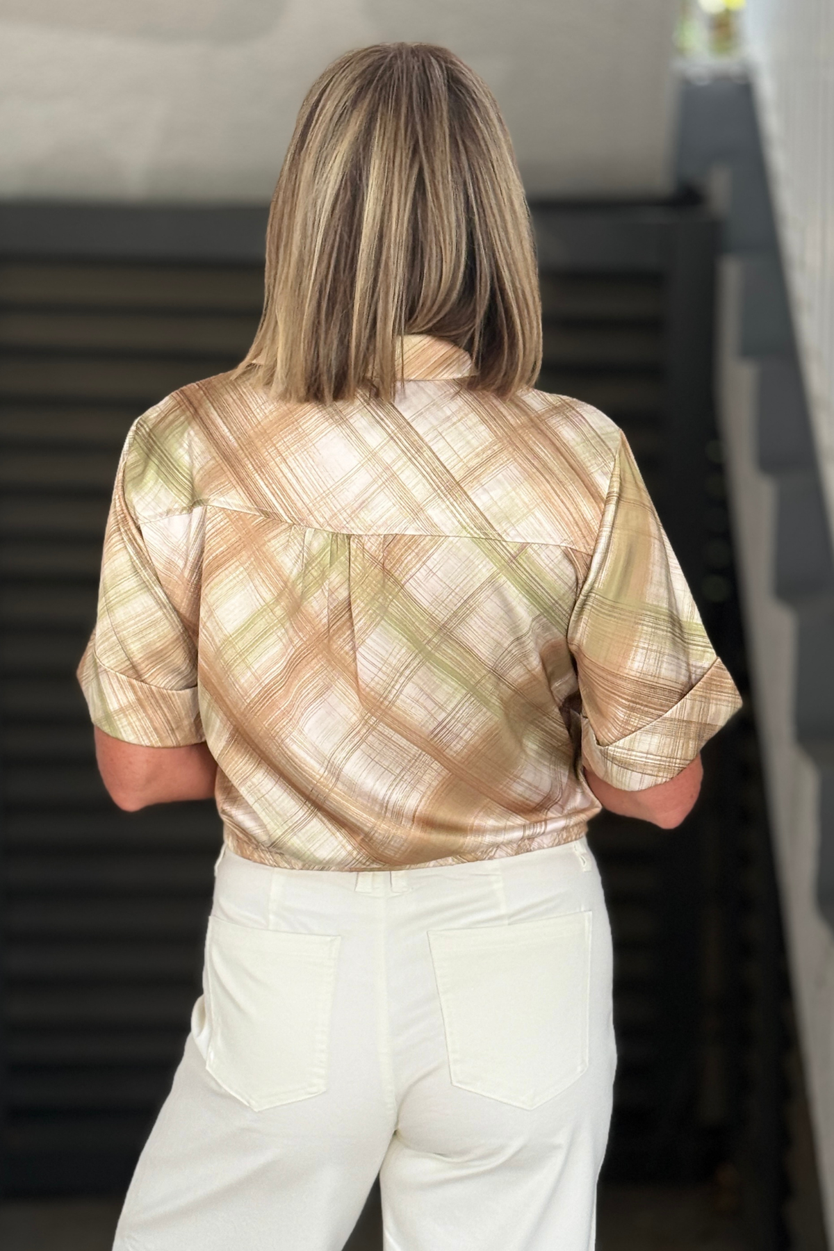 Short sleeve plaid satin top