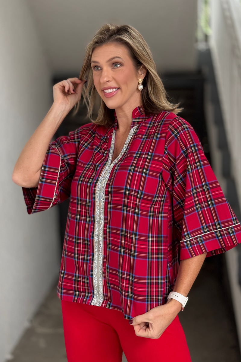 Christmas plaid blouse with rhinestone trim and wide sleeves
