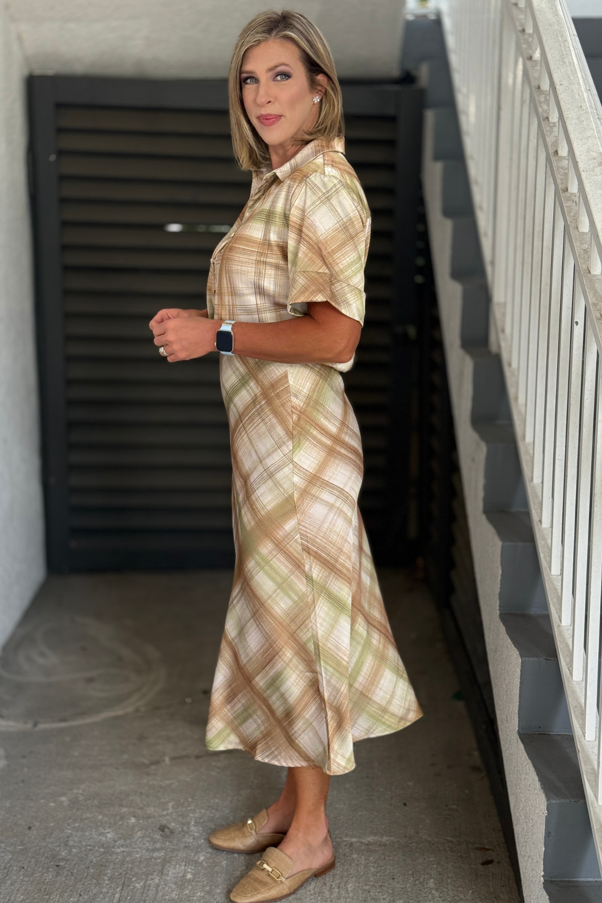Neutral plaid satin midi skirt