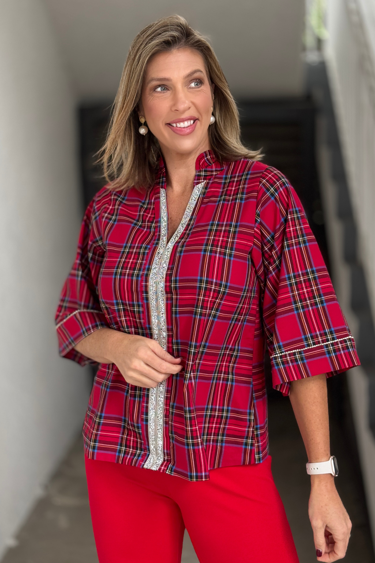 Red tartan holiday blouse with ruffled stand neckline