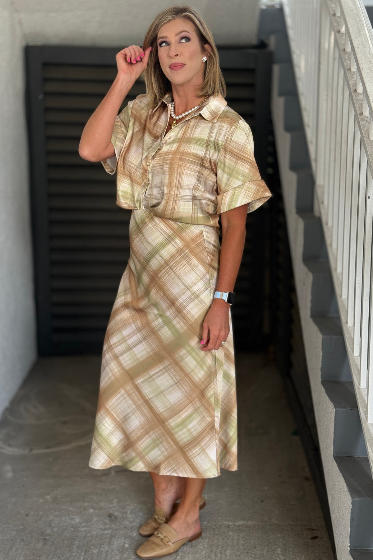 Plaid satin bias midi skirt