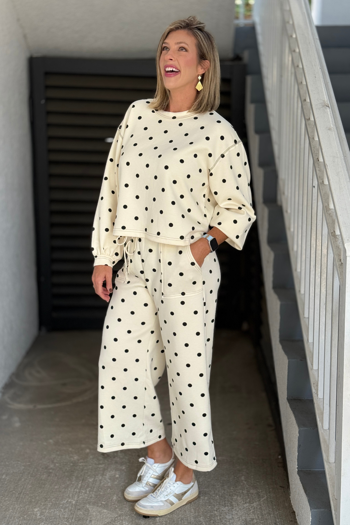 Polka dot long sleeve top and drawstring wide leg pants set