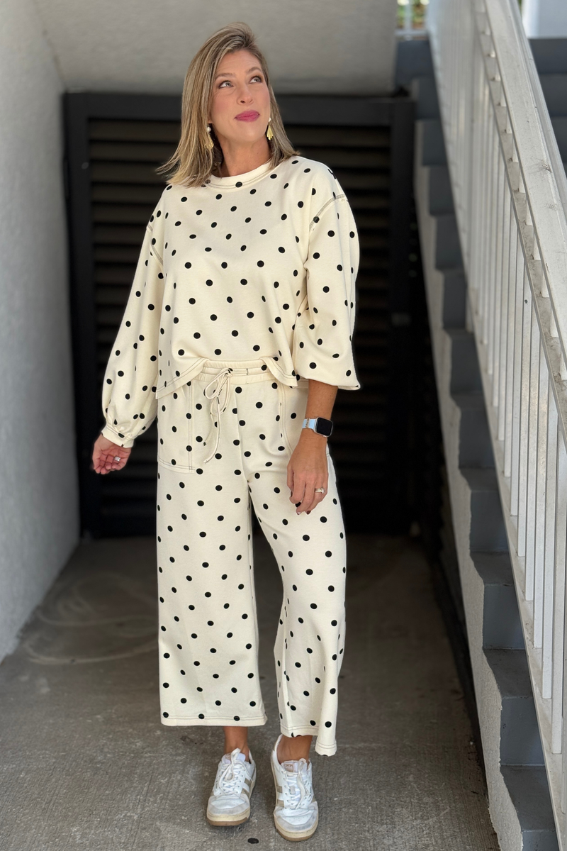 Women’s cream polka dot matching set with wide leg pants