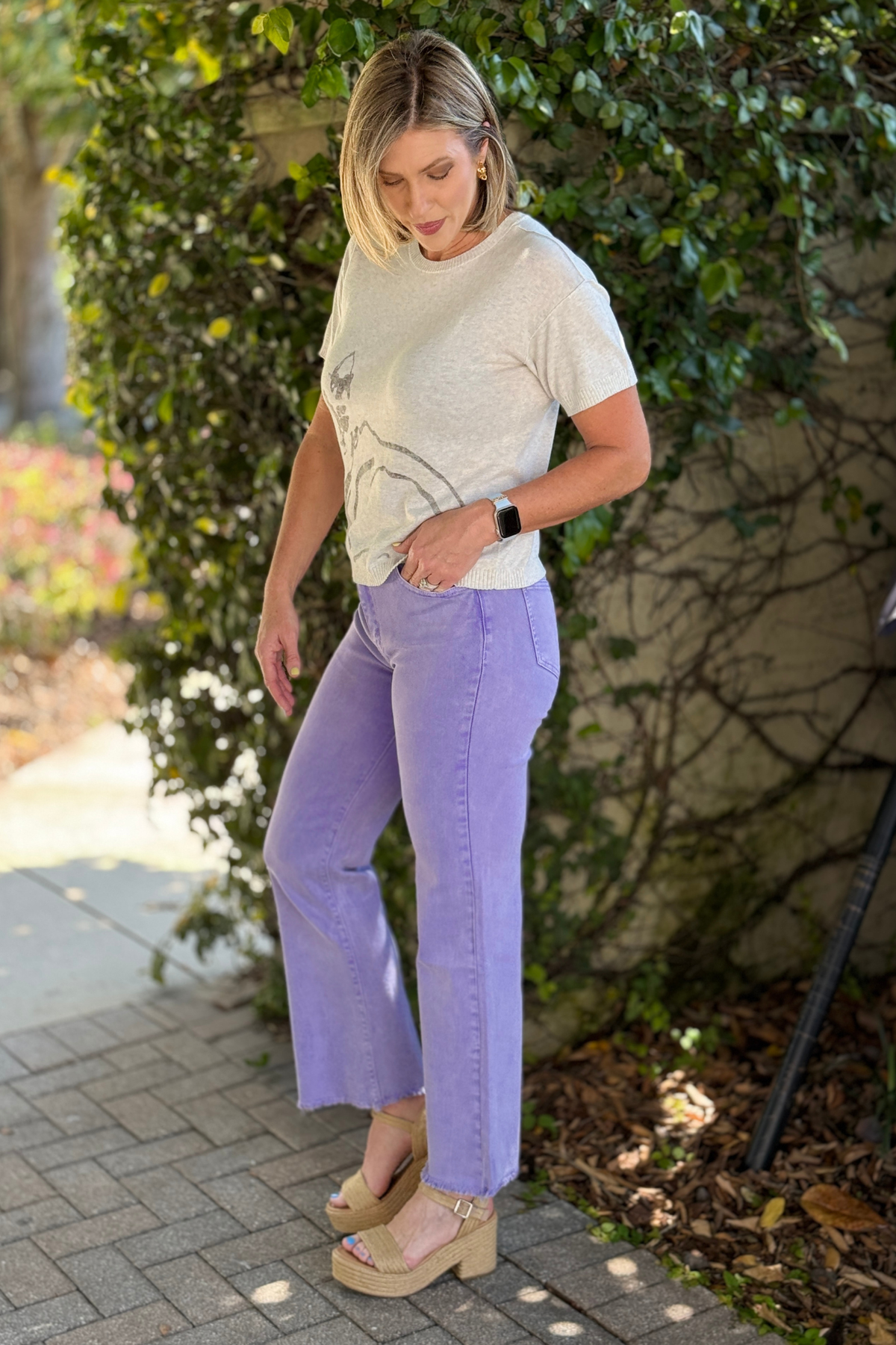 lavender wide leg jeans front view high rise
