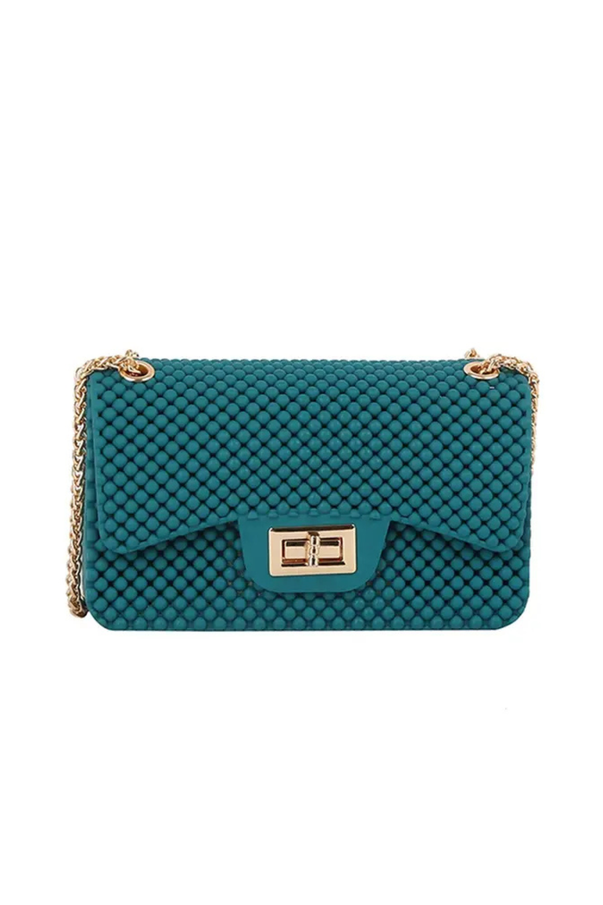 Teal jelly bead mesh crossbody handbag with gold chain
