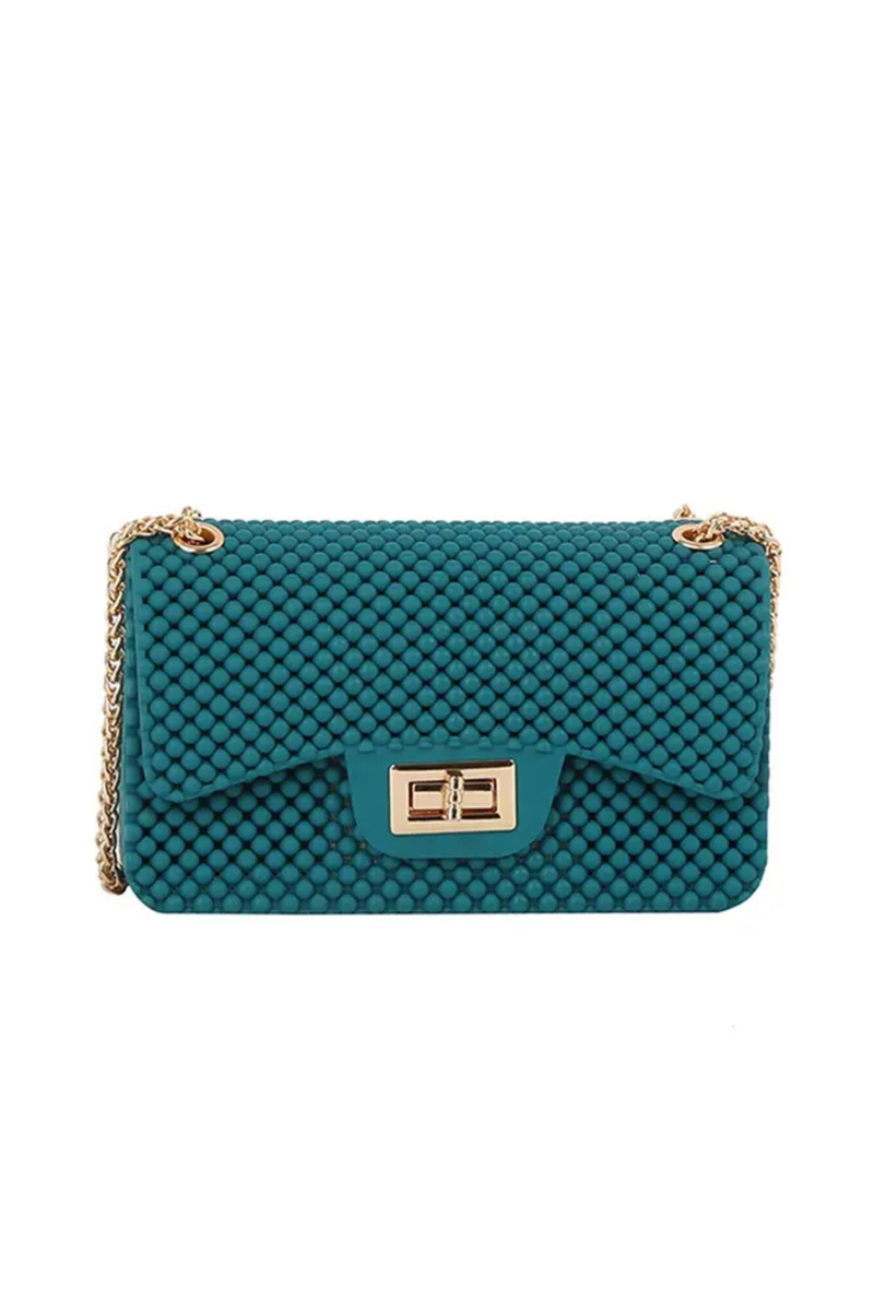 Teal jelly bead mesh crossbody handbag with gold chain