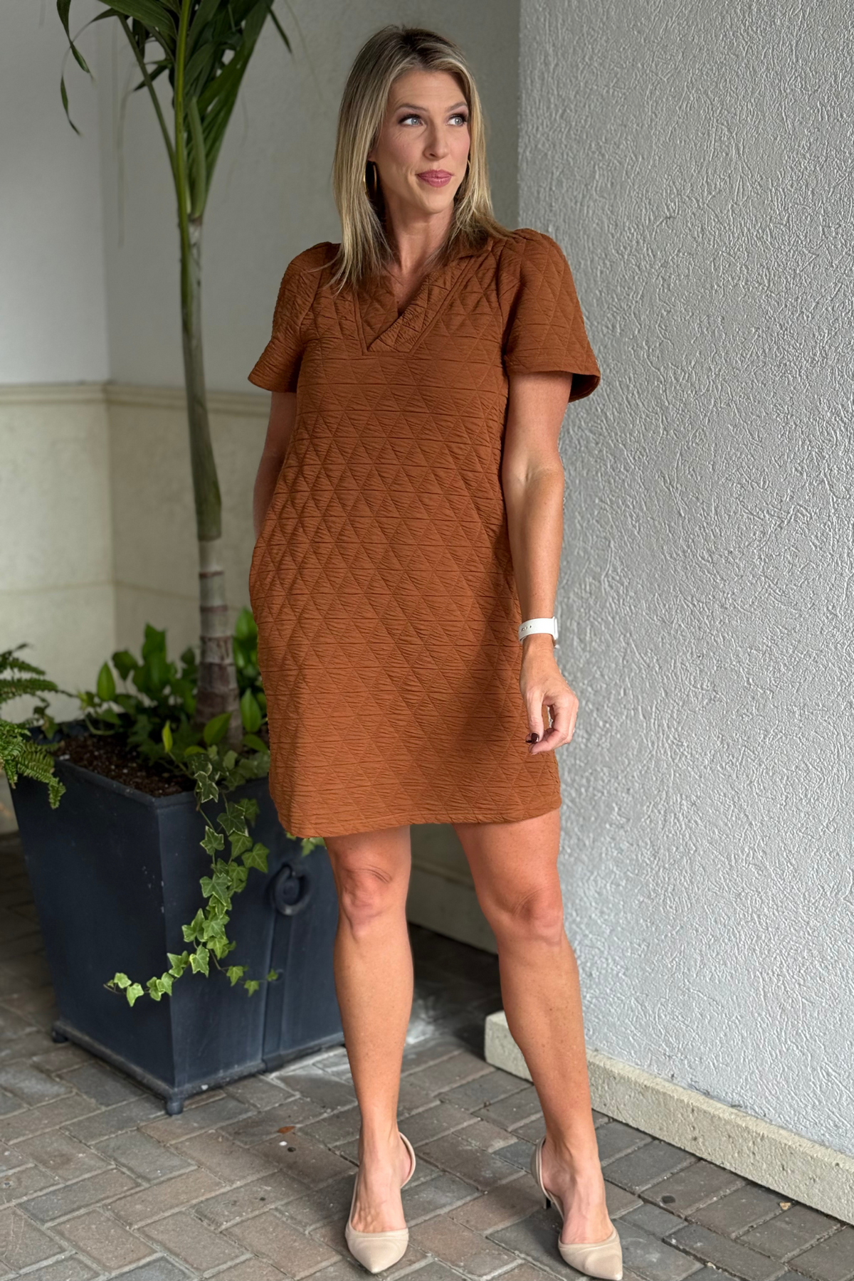 Quilted Collared Dress in Rust