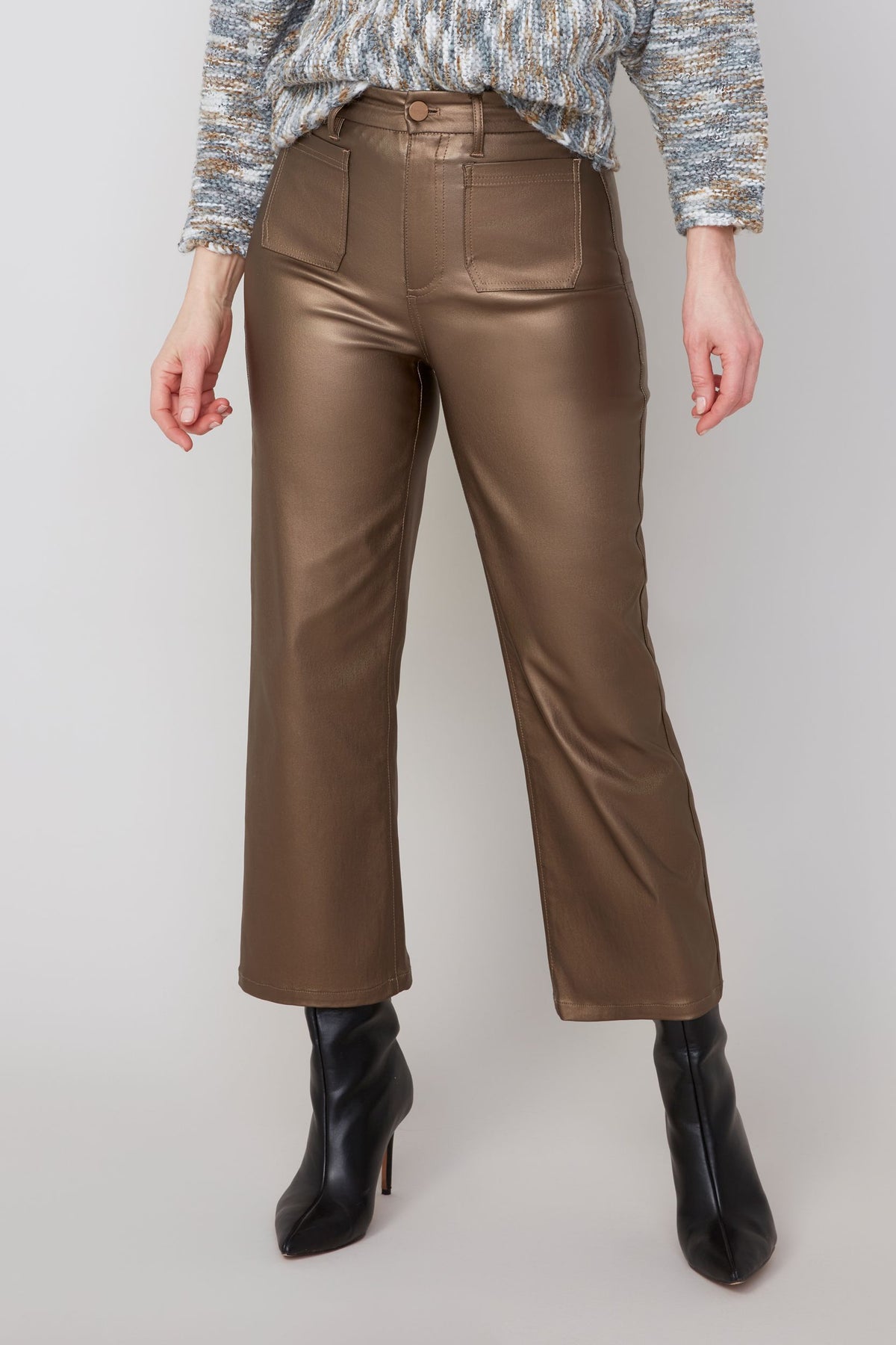 Renuar Waxed Stretch Pants in copper metallic finish, front view