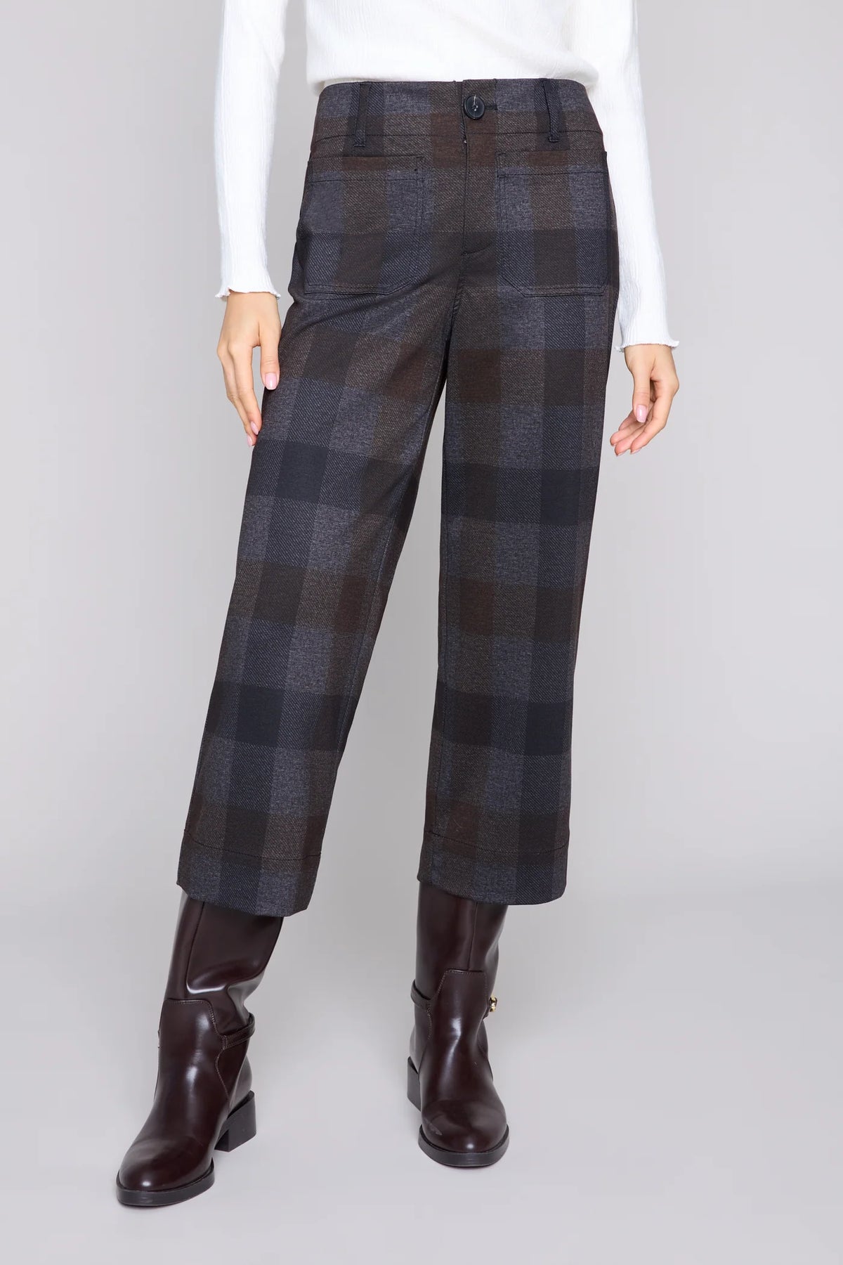 Women’s dark check print cropped pants with patch pockets
