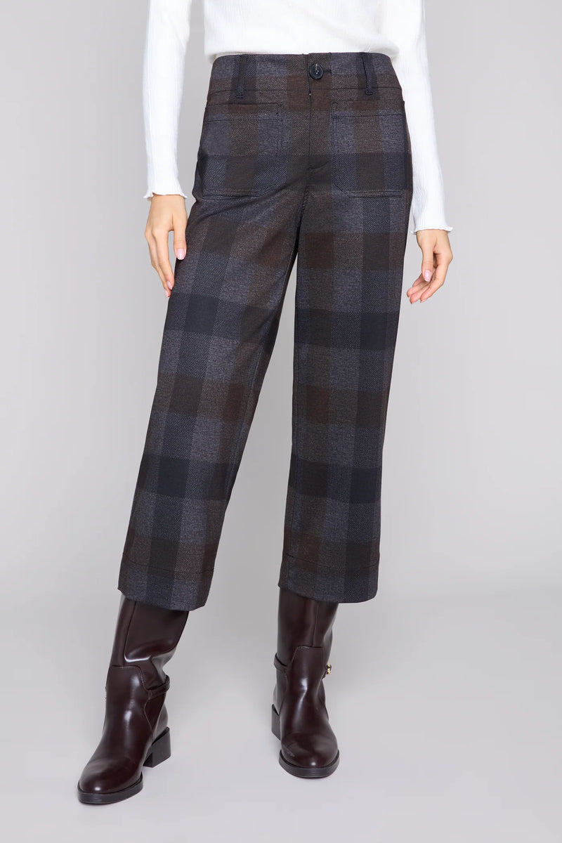 Women’s dark check print cropped pants with patch pockets