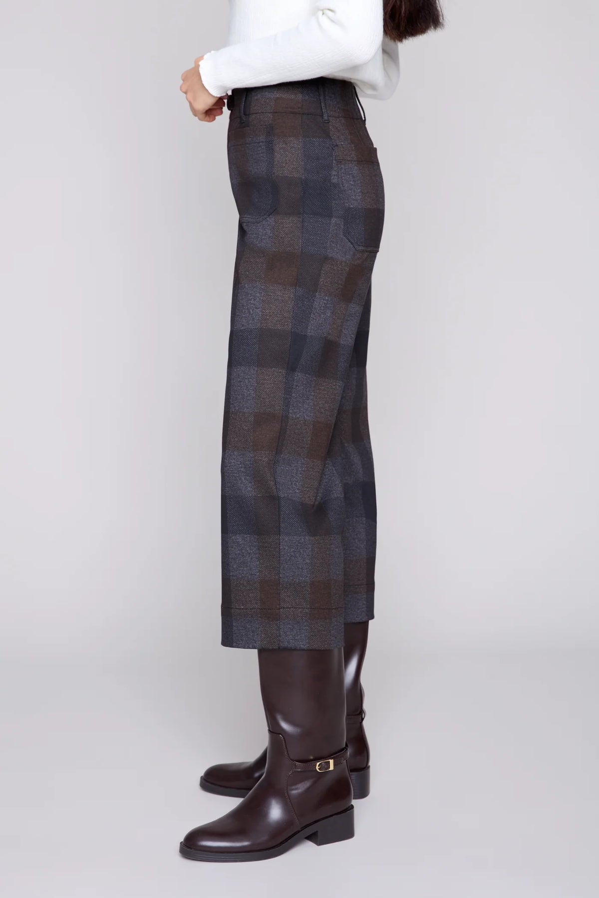 Renuar stretch knit plaid pants in Carbon Combo