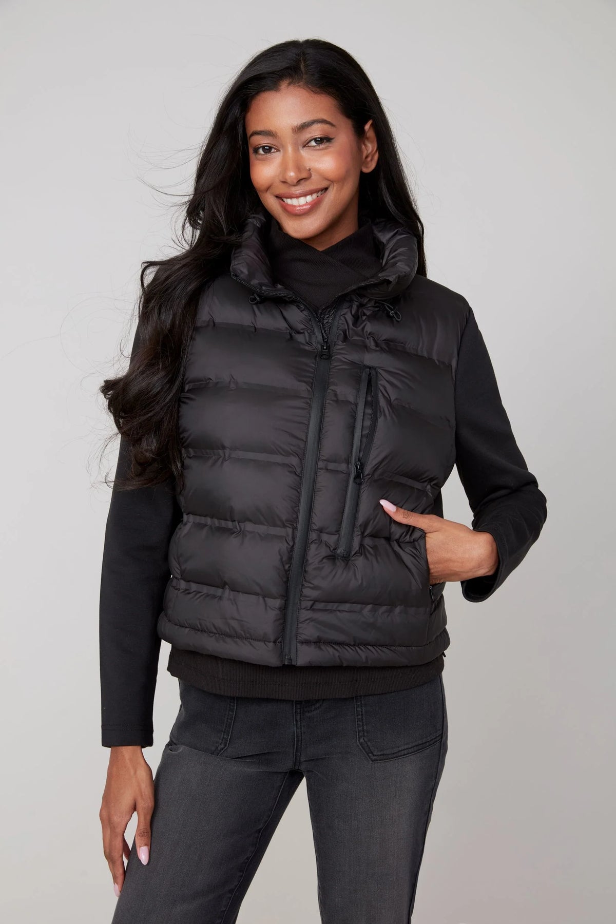 Renuar Cropped Mixed Media Puffer Jacket