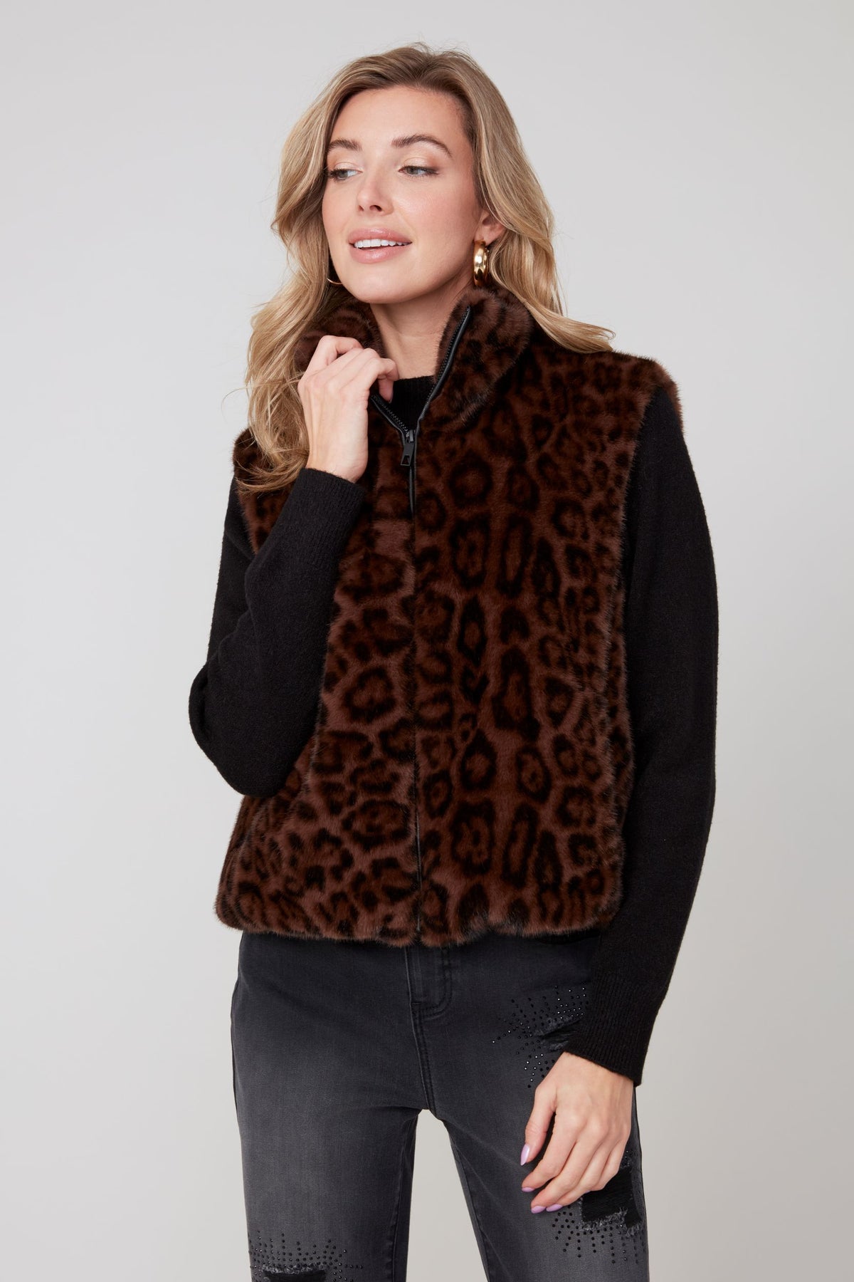 Renuar Vegan Leopard Vest in Chestnut featuring faux fur leopard print with zip-front closure.