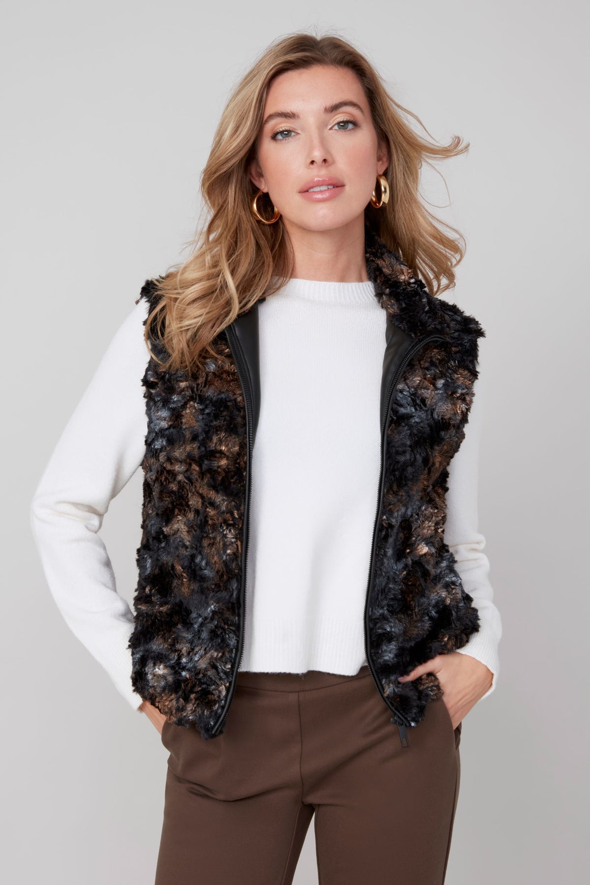 Renuar Luxe Faux Fur Vest in bronze mix with zip front and pockets
