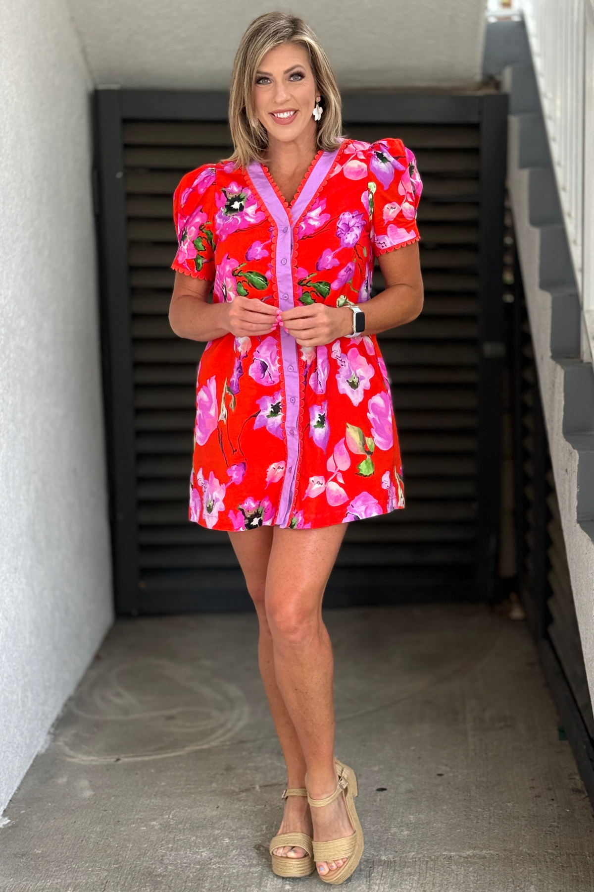 Puff sleeve floral boutique dress with button front styling