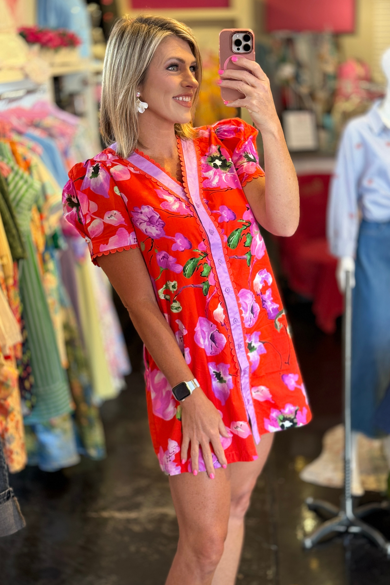 Red floral summer mini dress with lavender contrast detail