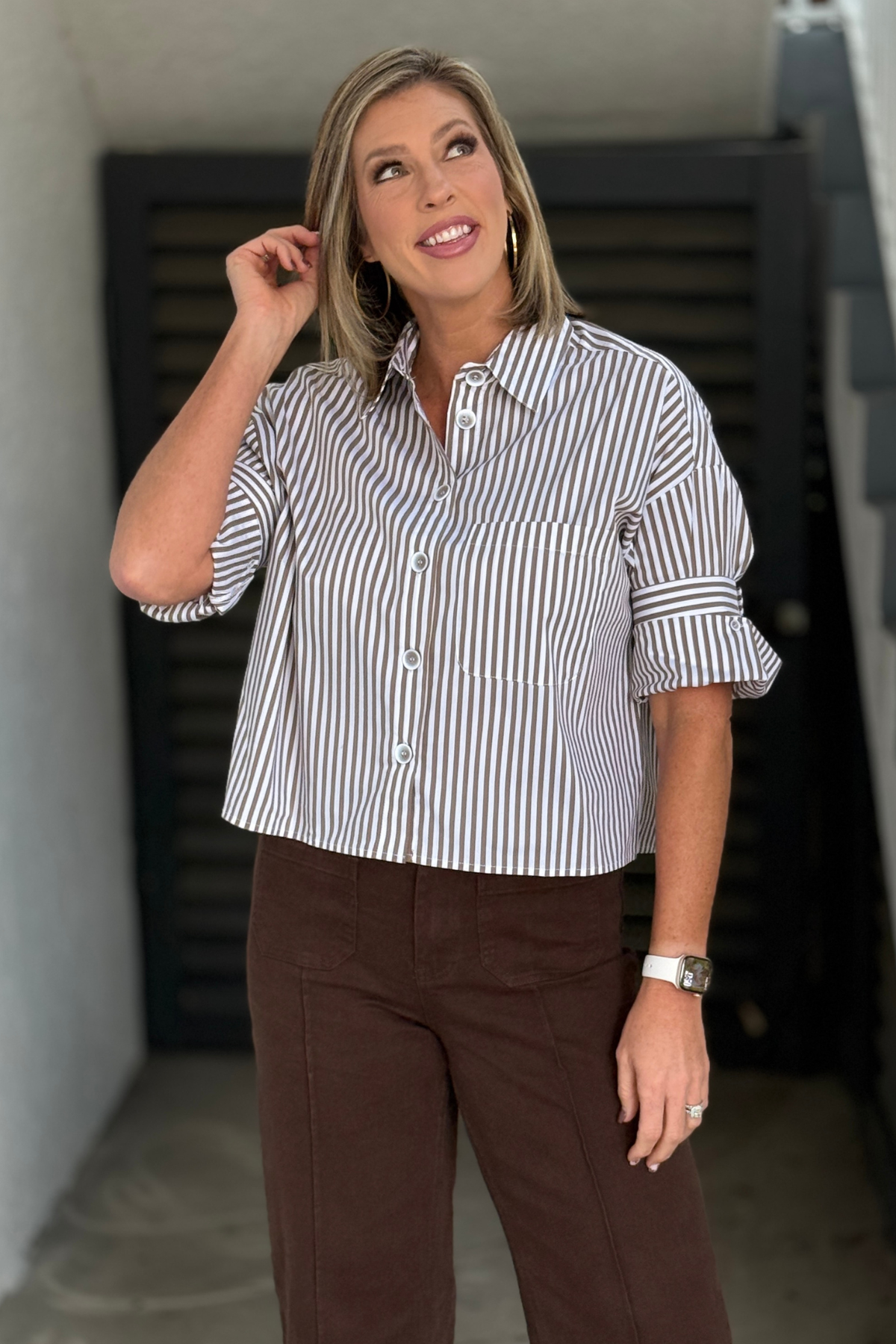 Renuar striped button down shirt in rich brown styled with brown pants