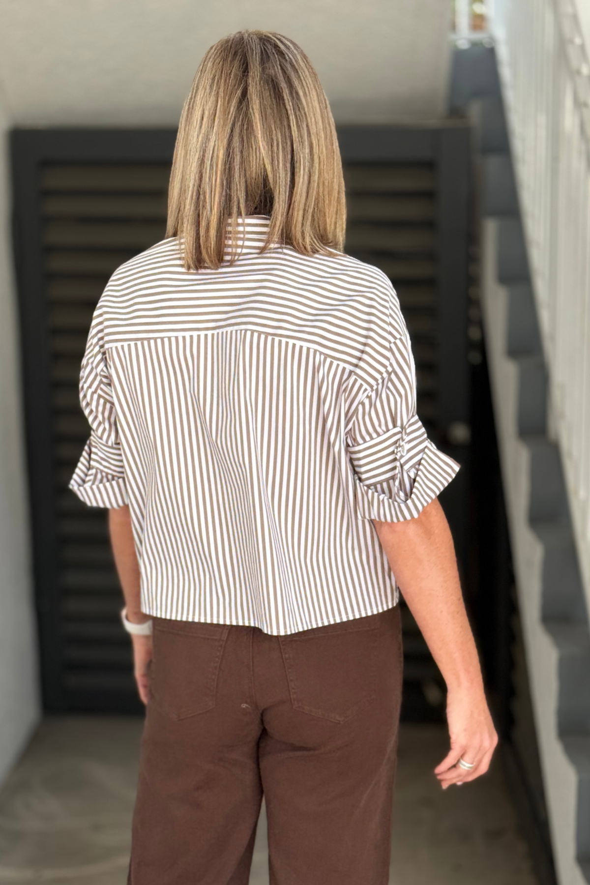 Renuar fall striped blouse with point collar and rolled sleeves
