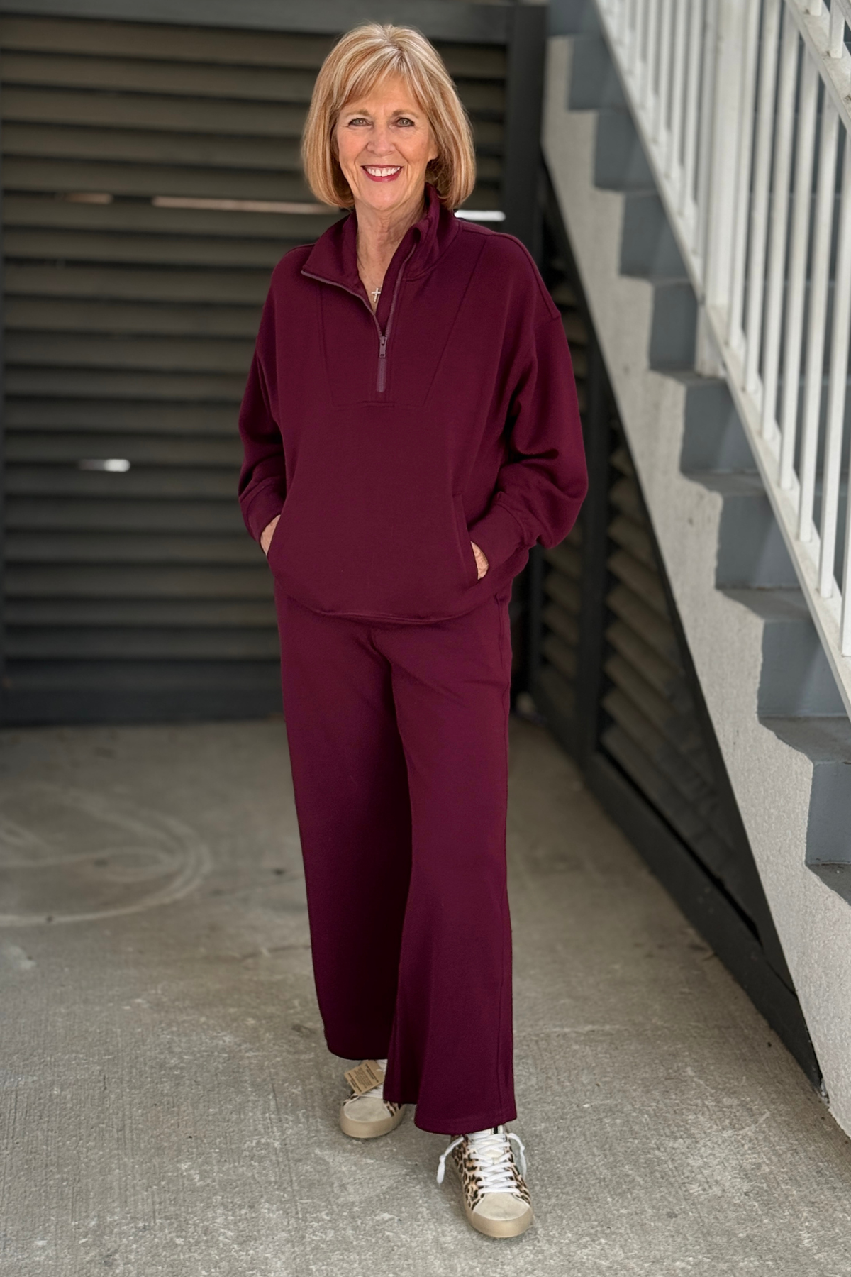 Dark Cherry modal scuba quarter zip pant set for women