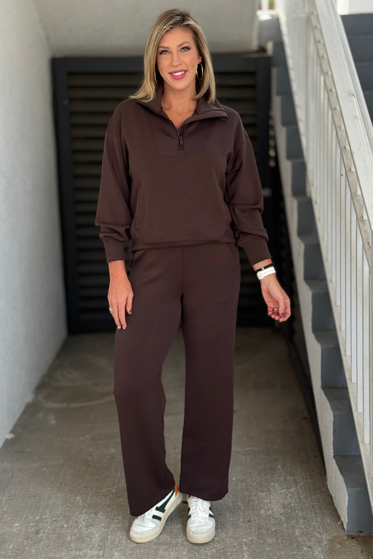 Espresso quarter zip lounge set with straight leg pants and pockets