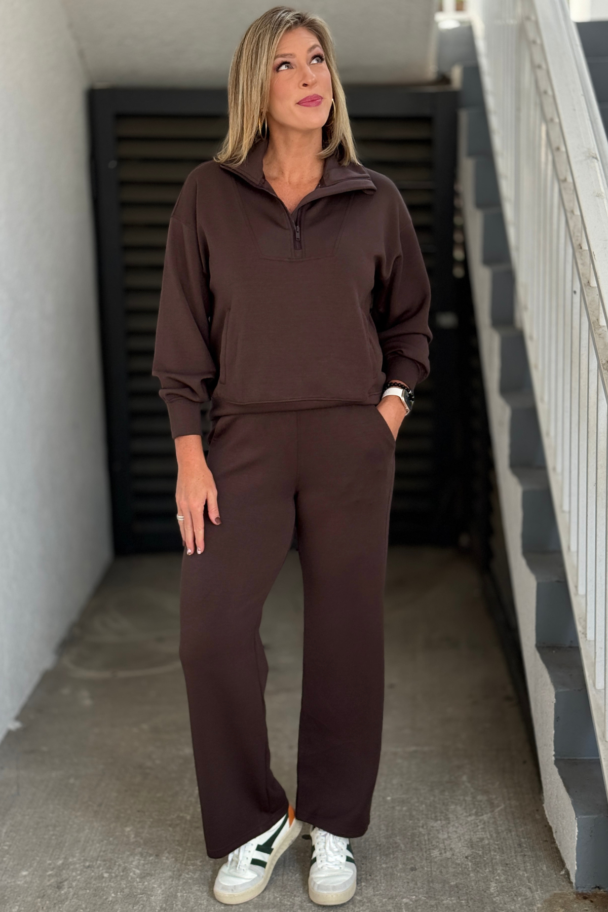 Espresso modal scuba quarter zip straight leg pant set for women