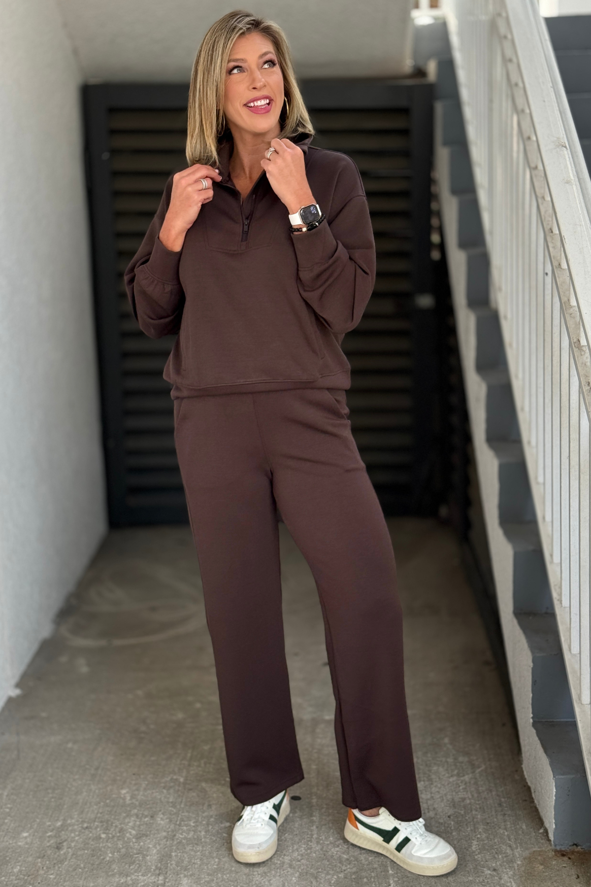 Modal scuba quarter zip pullover and high rise straight leg pants