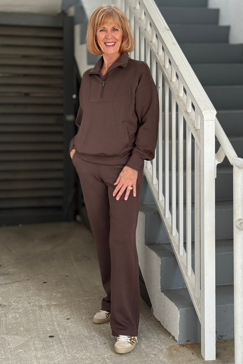 Women’s brown modal scuba matching set with quarter zip pullover