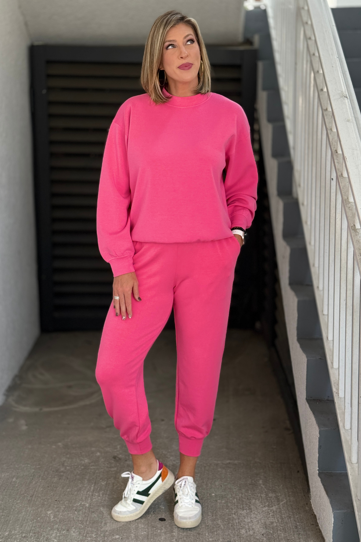 Brink Bright pink modal scuba mock neck jogger set for women