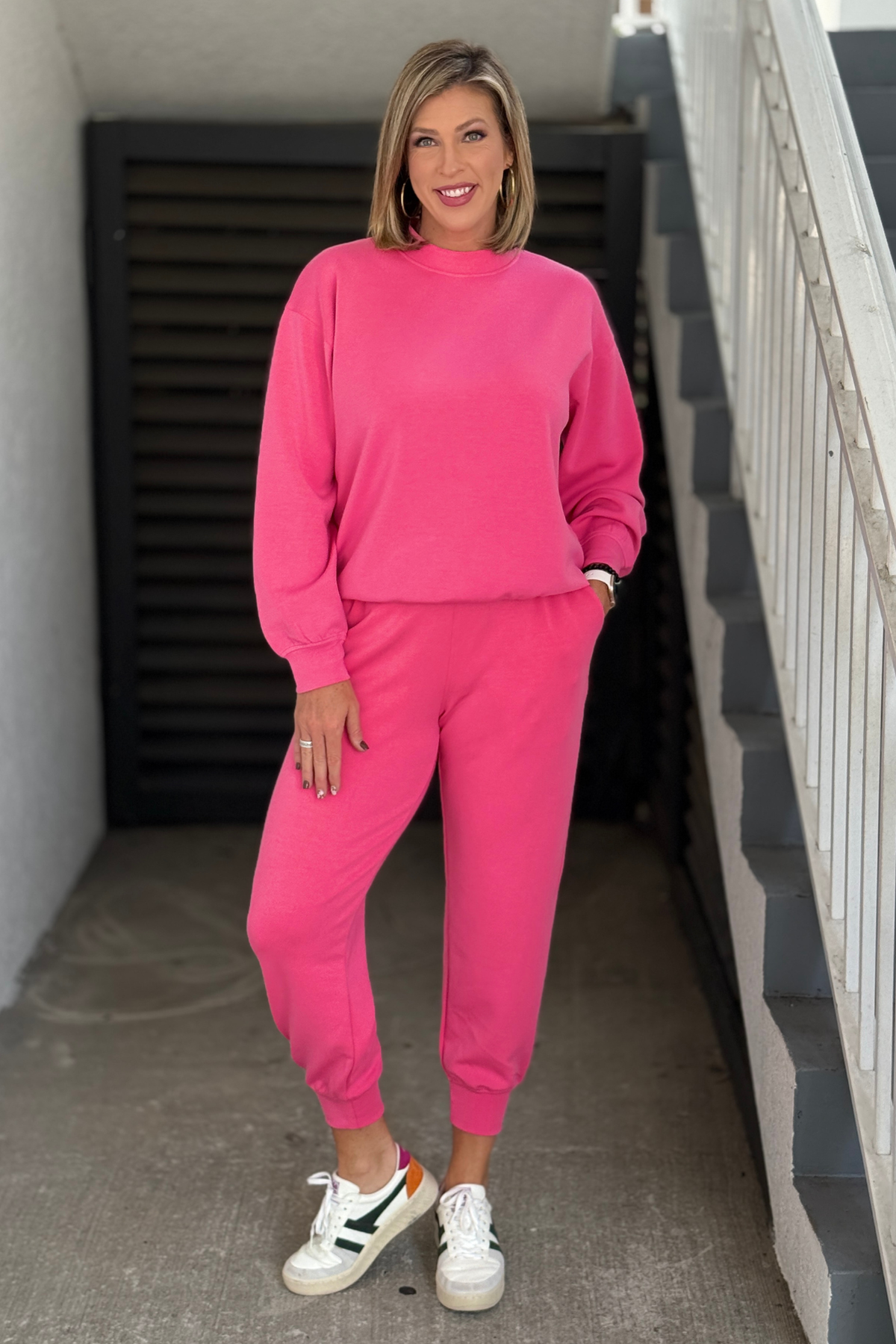 Women’s bright pink matching jogger set with oversized pullover