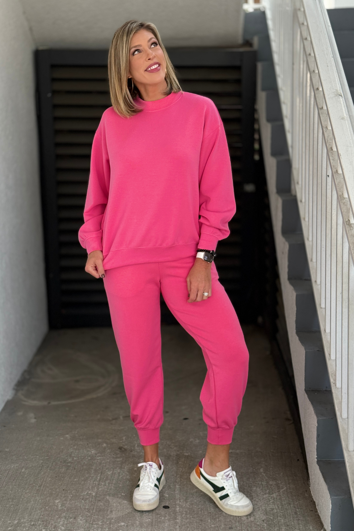 Modal scuba mock neck pullover and jogger pants in bright pink
