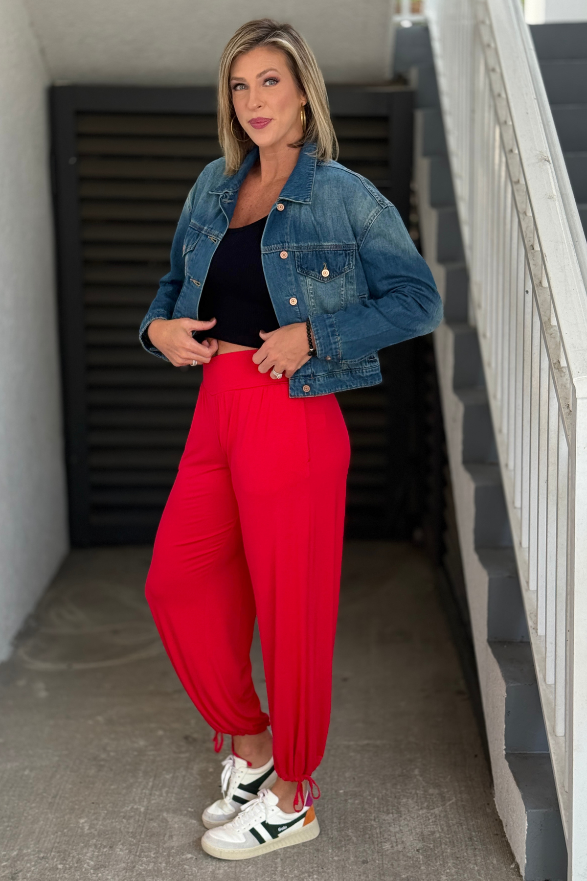 Women’s cherry red convertible jogger pants with cinchable hems