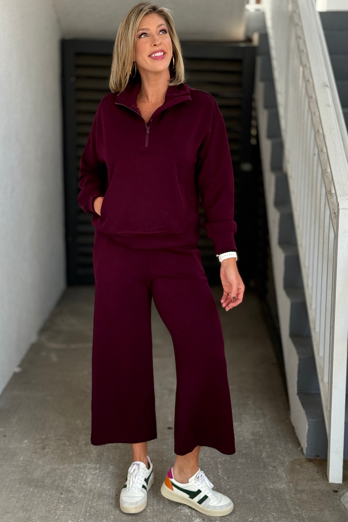 Quarter zip lounge set with cropped wide leg pants and pockets