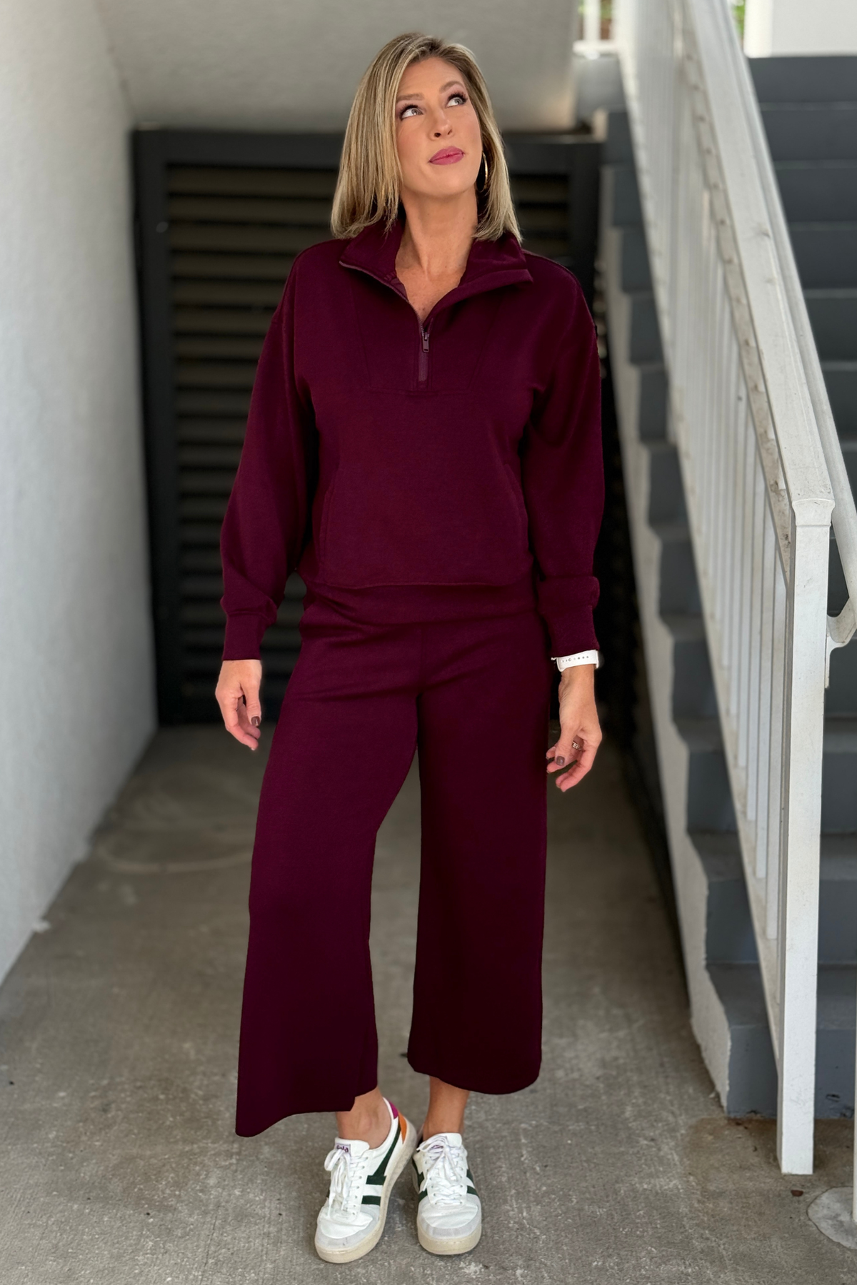 Women’s burgundy quarter zip matching set with wide leg pants