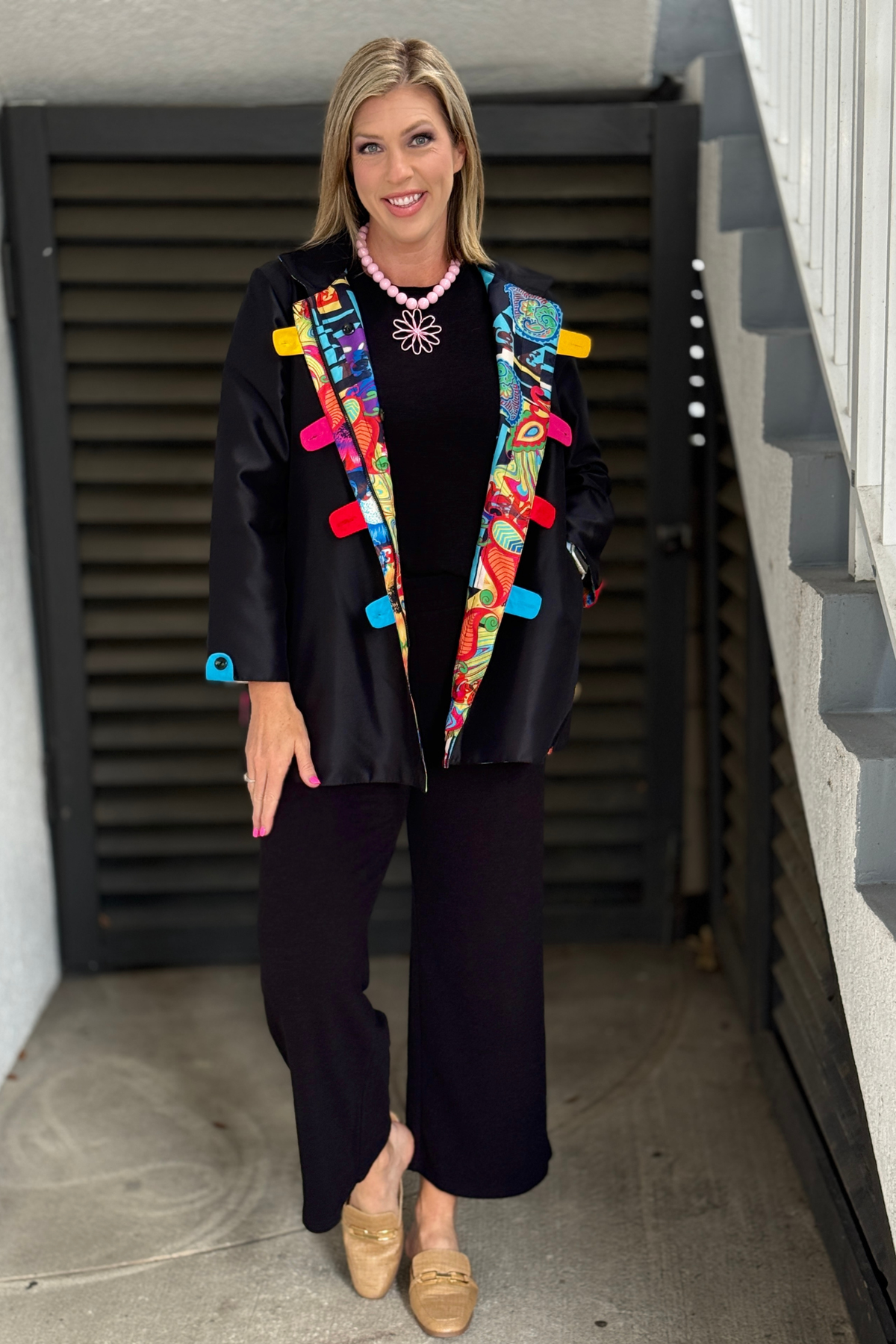 Artistic print reversible hooded raincoat