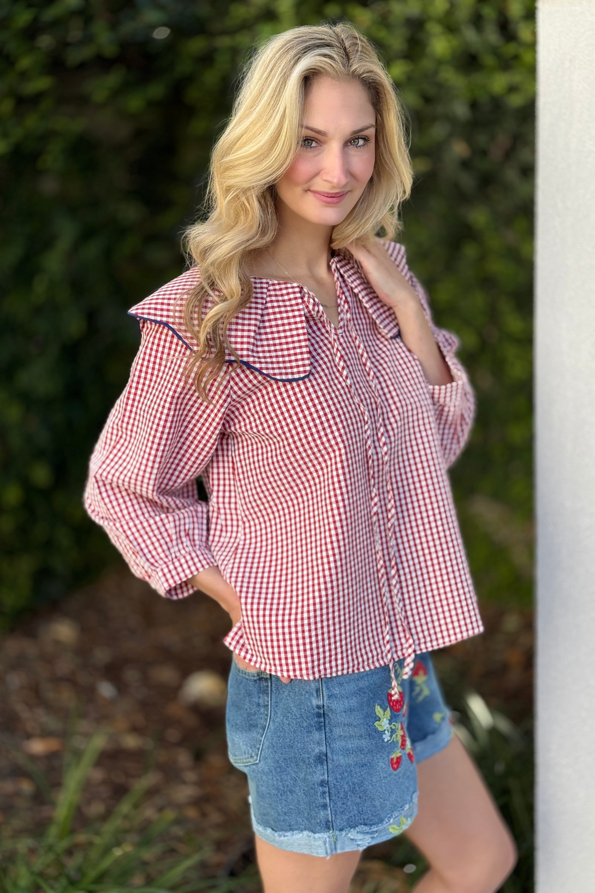 Back view red gingham peasant top with statement collar