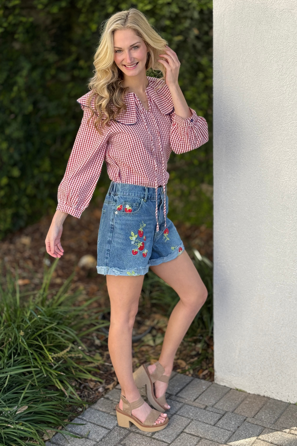 Boutique strawberry embroidered denim shorts styled outfit