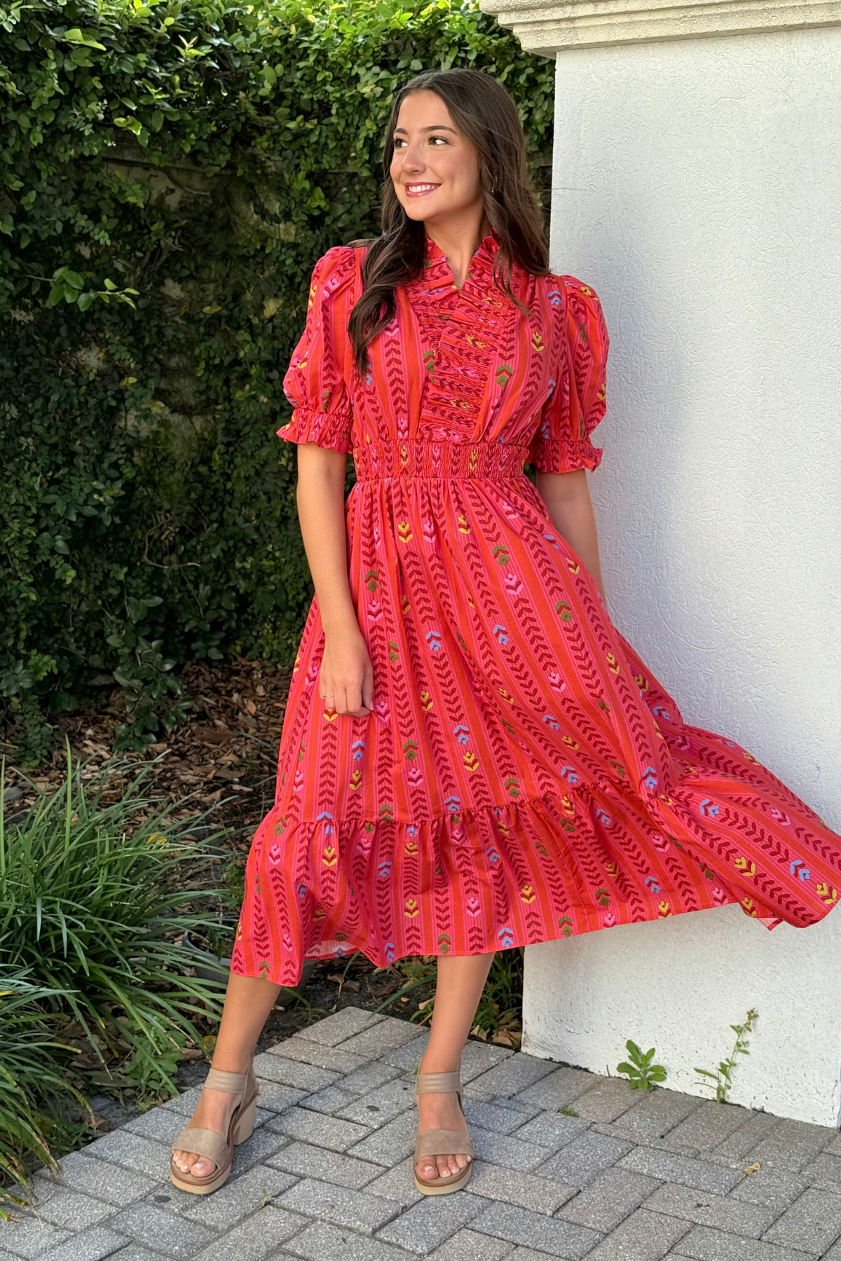 Sunset Soirée Smocked Midi Dress in Red