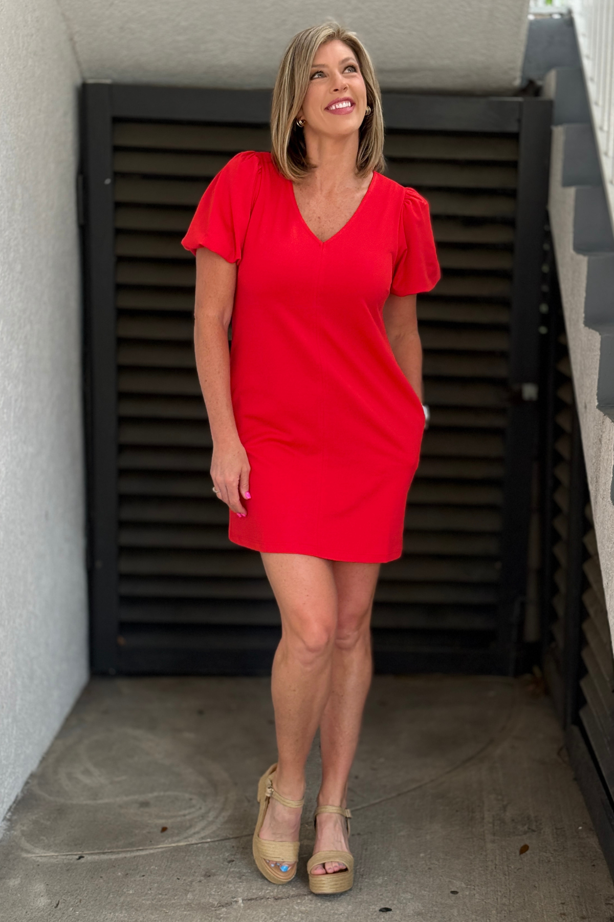 Red puff sleeve mini dress with pockets