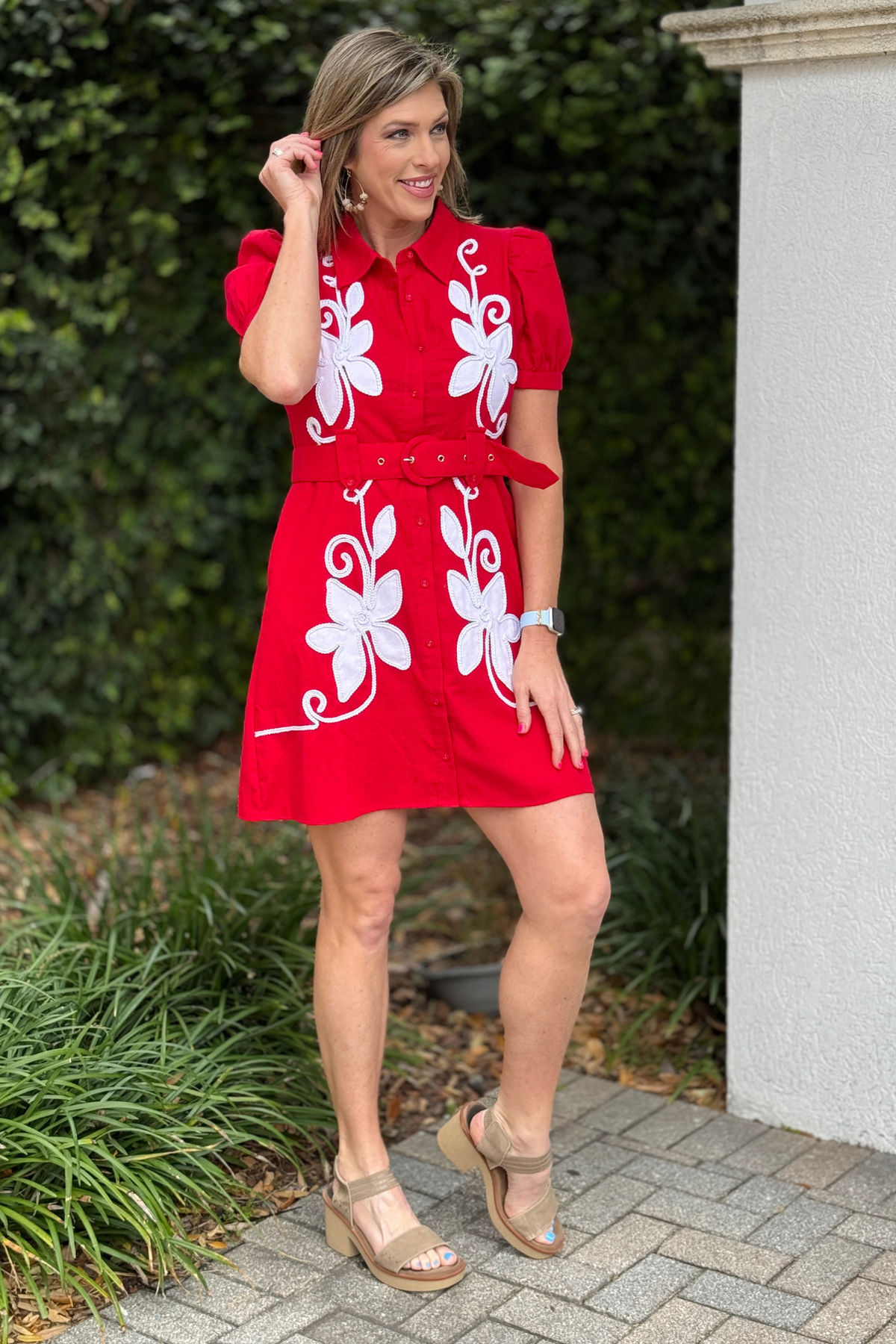 Statement red embroidered shirt dress