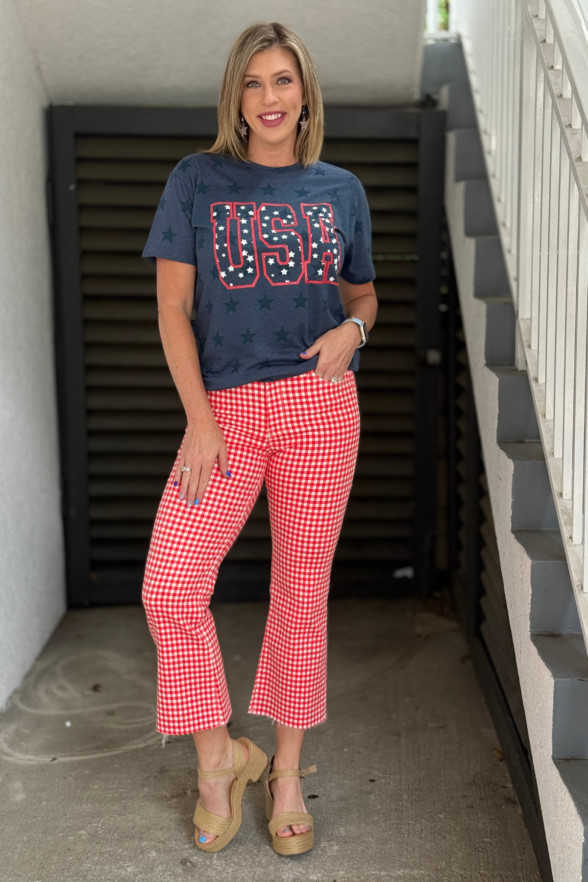 red gingham cropped flare jeans front view