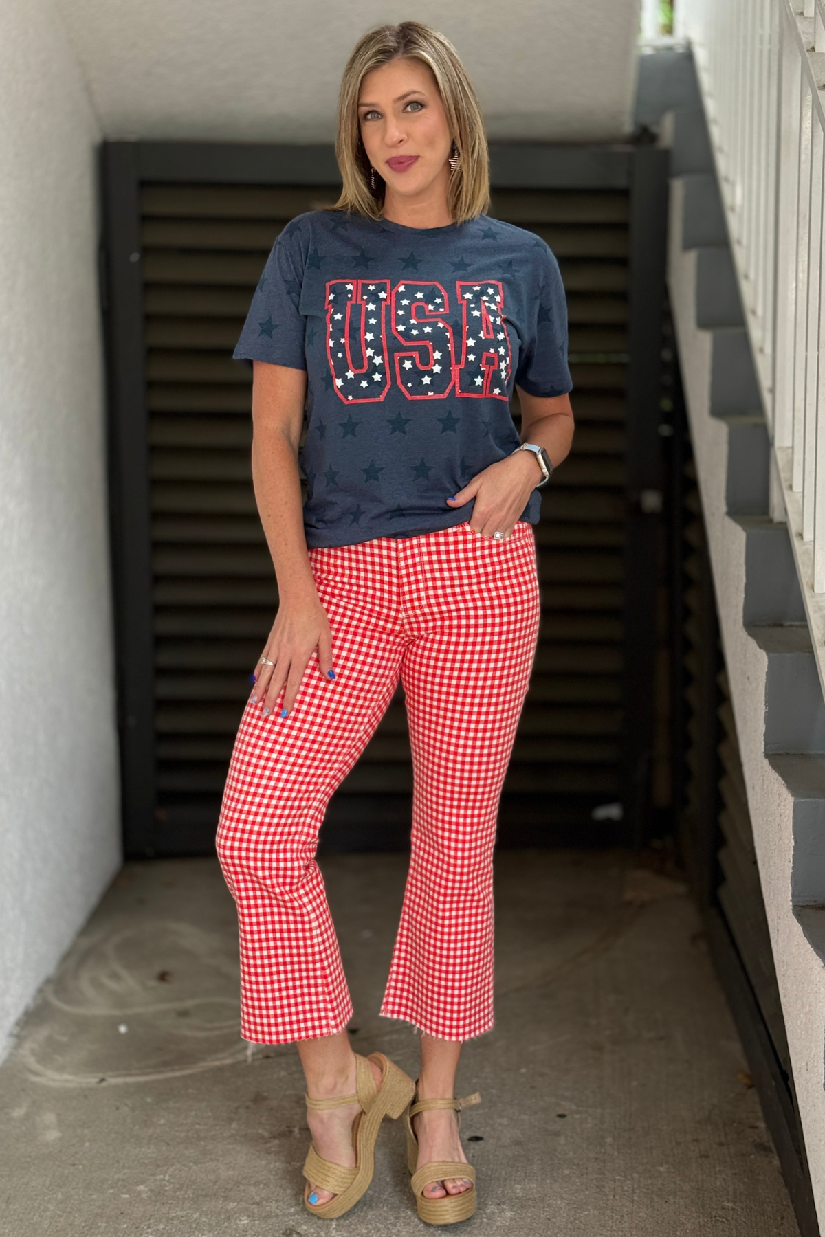 high rise red checkered flare jeans styled outfit