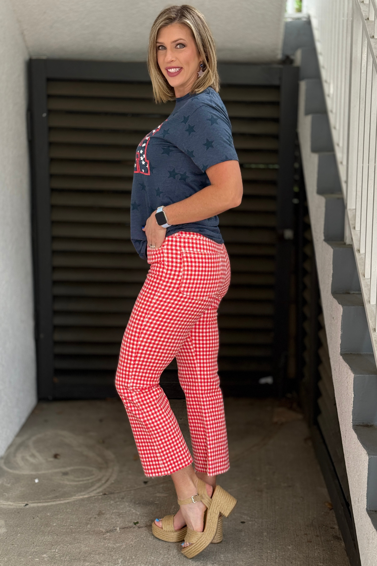 patriotic red gingham denim styled look