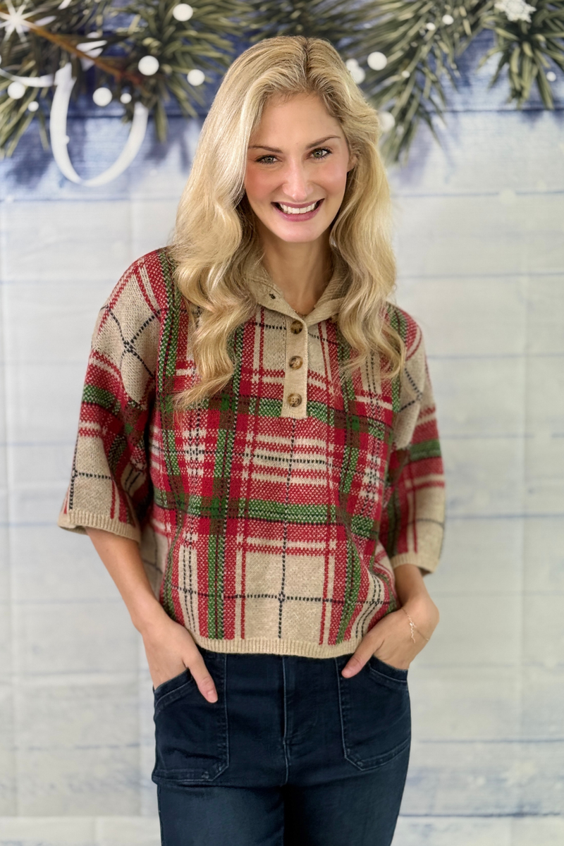 Women’s Christmas plaid sweater top in taupe with red and green plaid