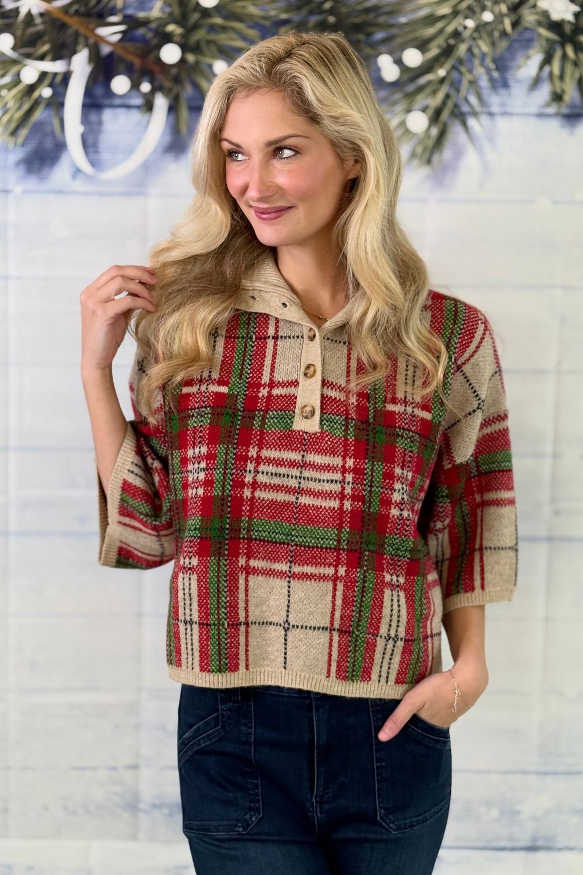 Women’s holiday plaid sweater with stand collar and button neckline