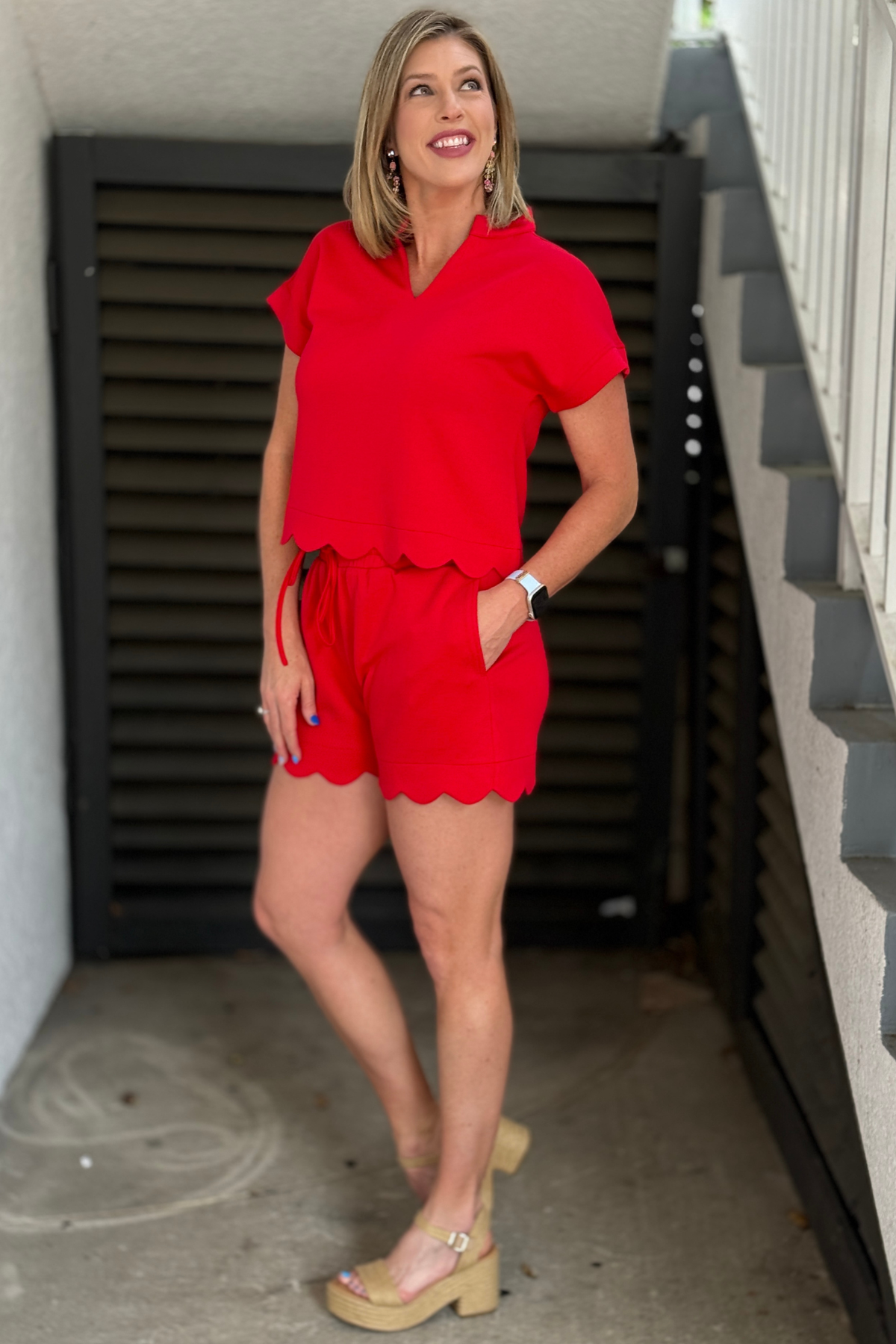red drawstring shorts with pockets